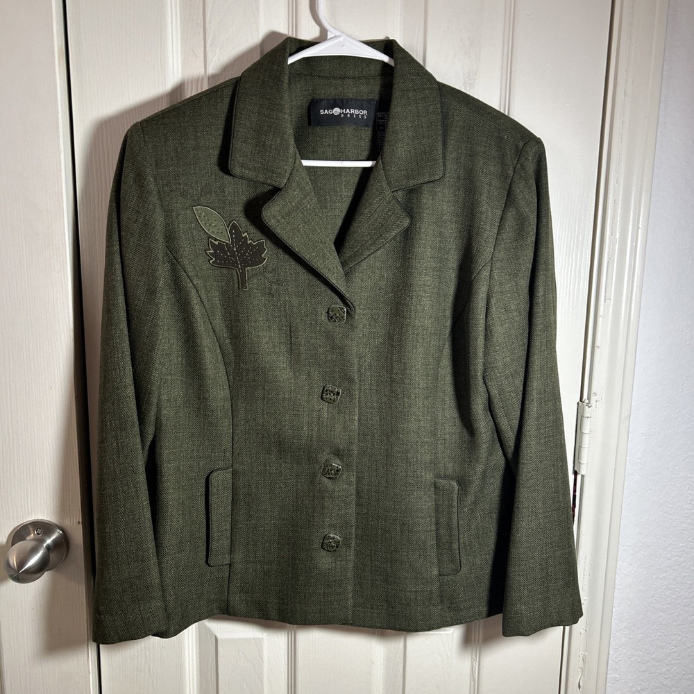 Sag Harbor Dress Blazer Jacket Women's 14 Olive Green Leaf Embroidered Vintage